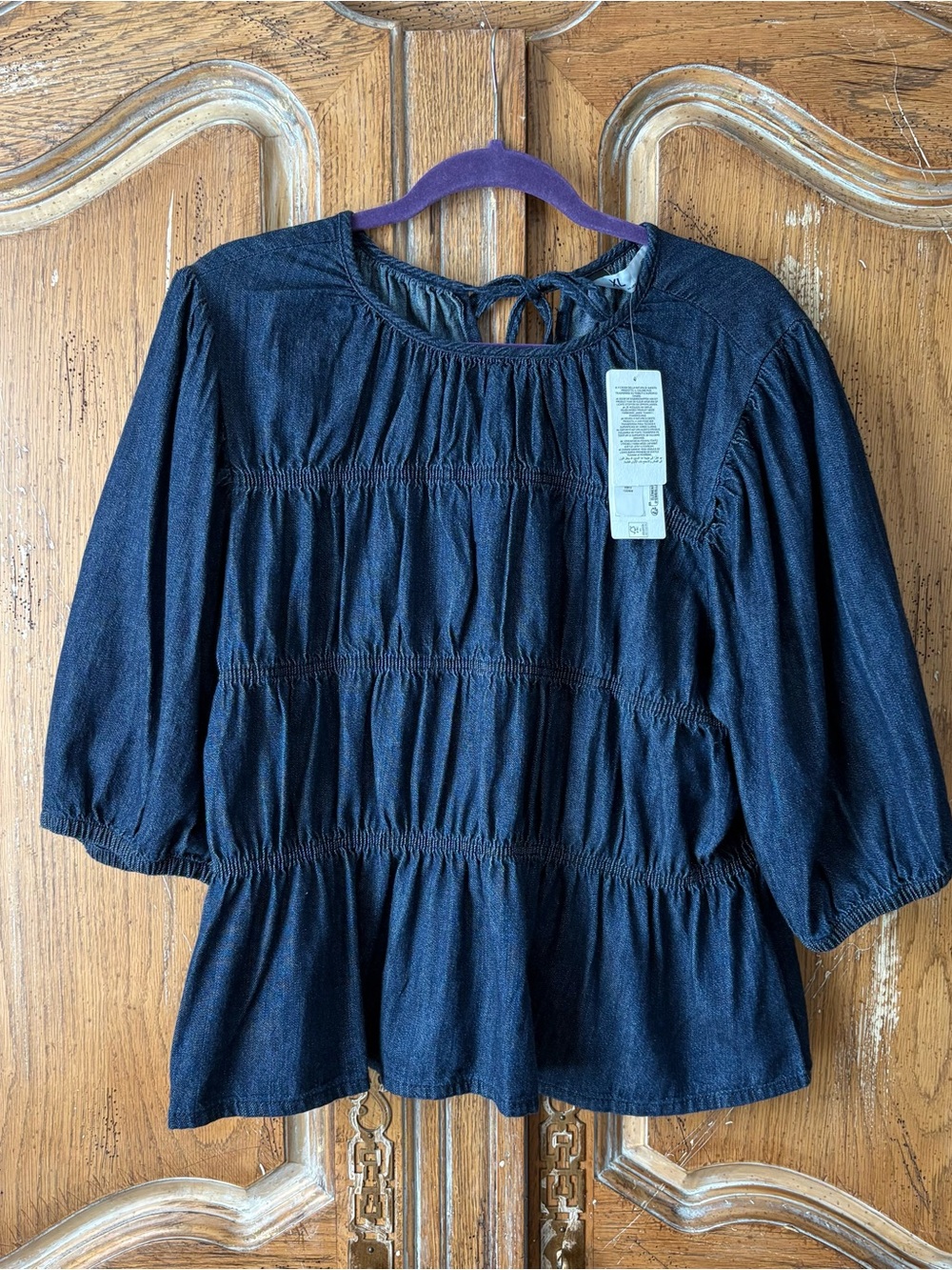 PRIMARK BLUE DENIM SMOCKED SHIRRED BALLOON SLEEVE TOP BLOUSE XL %100 COTTON NWT